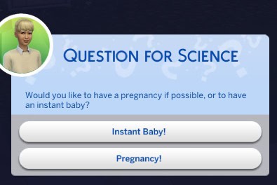 Advanced game mod menu screen showcasing options for "Instant Baby" and "Pregnancy" in The Sims game. Custom mods enhance gameplay experience and customization options for players.