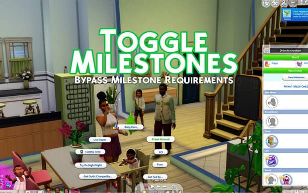 Enhanced mobility milestones in The Sims 4 for baby care, crawling, walking, and toddler development, featuring easy control of milestone progression without the need for Bypass Milestone Requirements.