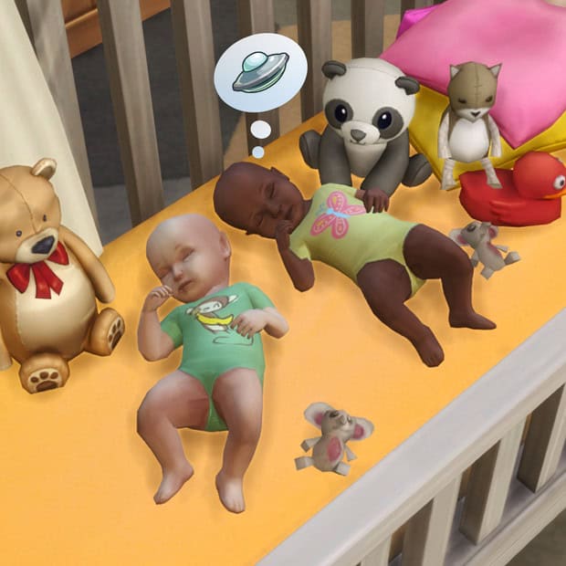 Baby sleeping in crib with must-have mods, surrounded by plush toys and gaming collectibles, showcasing popular video game mods for enhanced gameplay and fantasy-themed nursery decor.