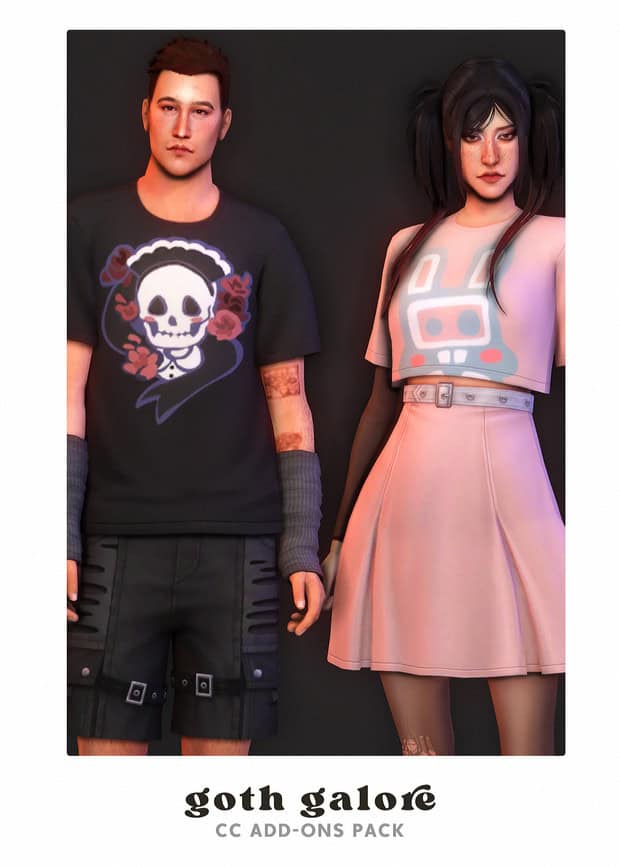 Vampire-inspired goth girl and punk boy fashion mannequins showcasing gothic and alternative fashion styles for Must Have Mods goth galore CC add-ons pack.