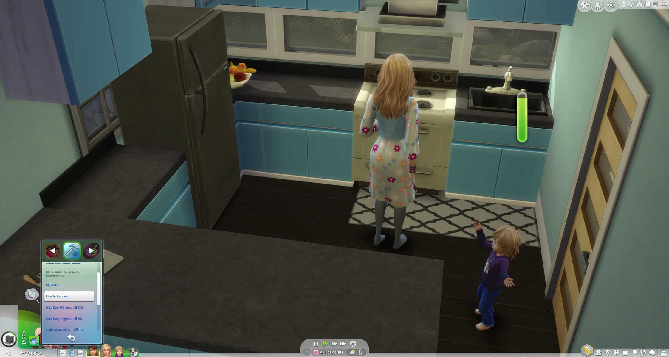 Modern blue and beige kitchen interior with female adult and toddler, home appliances, and natural light, featured in The Sims game with must-have mods for enhanced gameplay.