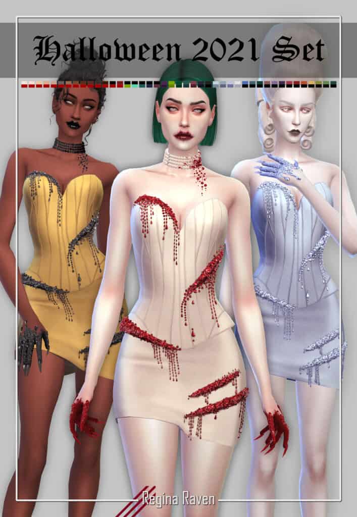 Spooky Halloween 2021 mod set for The Sims 4 featuring glamorous undead women in stylish costumes with jewelry and dark makeup.
