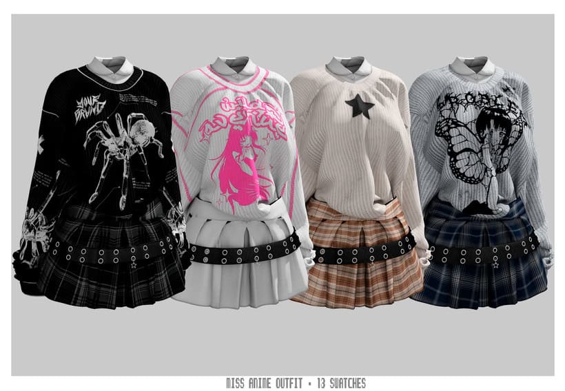 Cute anime-inspired schoolgirl outfits featuring unique sweaters, plaid skirts, and accessories, perfect for styling with Must Have Mods' customizable clothing options.