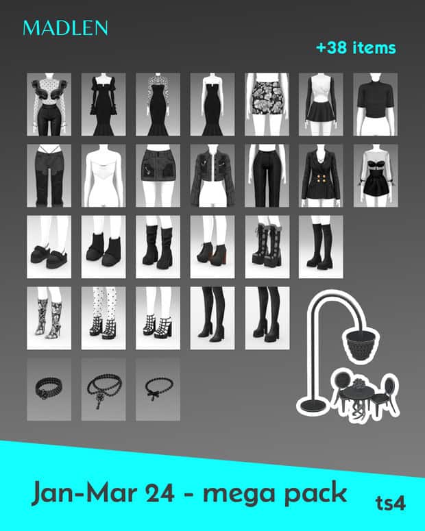 Comprehensive collection of stylish virtual clothing and accessories for The Sims, including dresses, shoes, tops, skirts, and jewelry for custom avatar customization and fashion simulation.