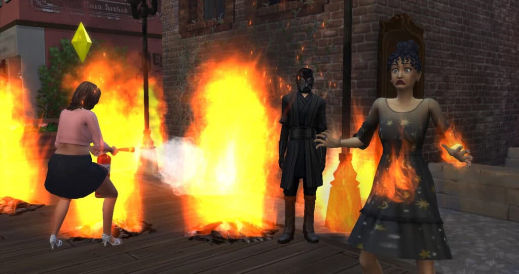 Fire hazard scene with a girl using a fire extinguisher to put out flames on the street during a fire emergency.