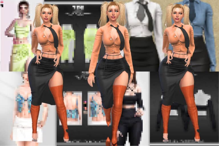 Pixellated digital art of a female avatar wearing a fashionable orange blouse, black skirt, and thigh-high orange stockings, showcasing popular mods for virtual avatar customization.