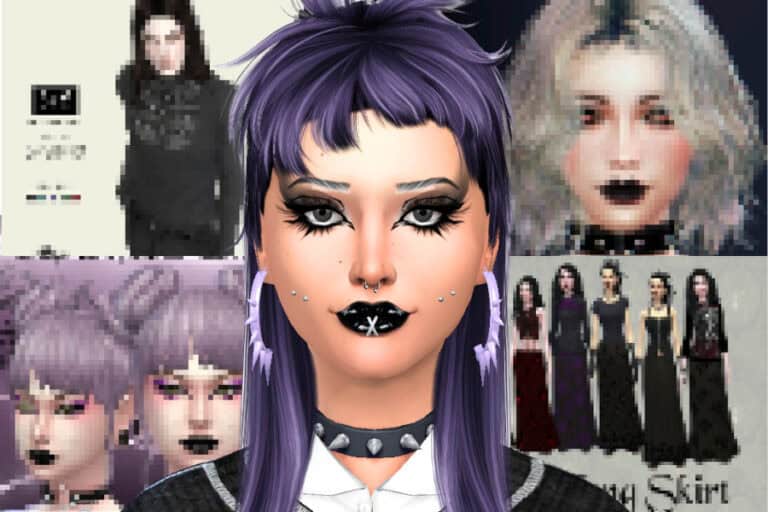 Purple-haired goth girl with bold makeup and piercings, showcasing popular Must Have Mods for Sims 4 customization.