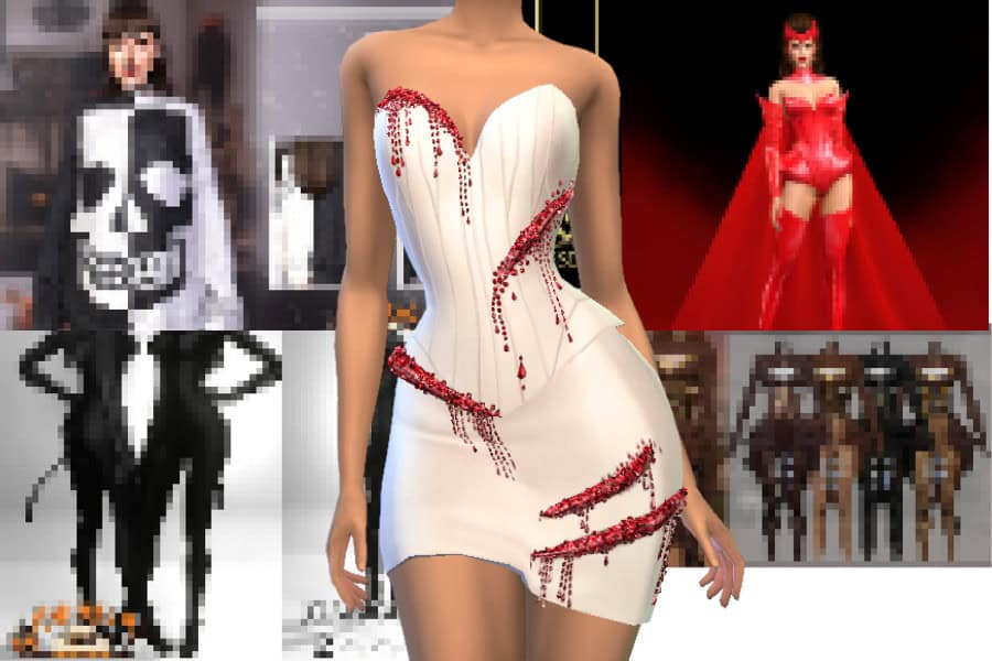 Elegant white and red digital fashion dress with intricate beadwork, perfect for virtual fashion showcases and customizable avatars.