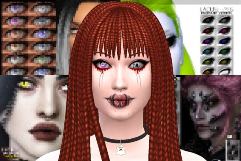 Vampire girl avatar with gothic makeup, red braided hair, and unique eye contacts, showcasing customizable vampire and horror-themed mods for The Sims.