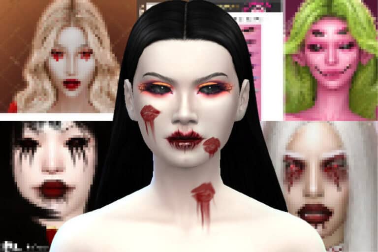 Dark fantasy vampire girl with blood makeup and gothic aesthetic, inspired by Must Have Mods for The Sims 4, showcasing custom vampire and horror-themed mods for immersive gameplay.
