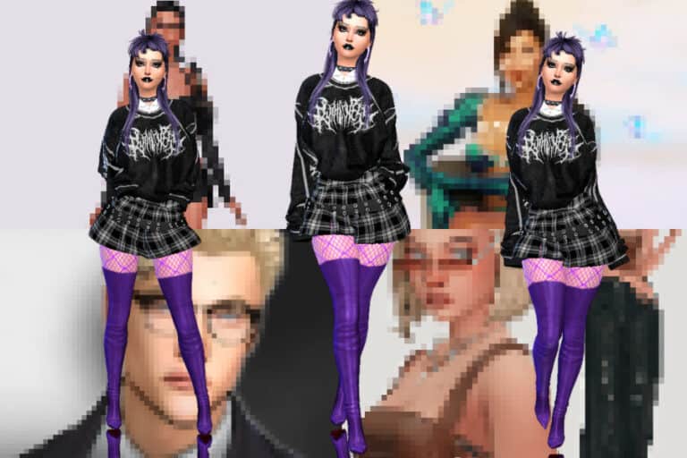 Super trendy alternative fashion model wearing goth-inspired clothing with purple thigh-high stockings and plaid skirts at Must Have Mods event.