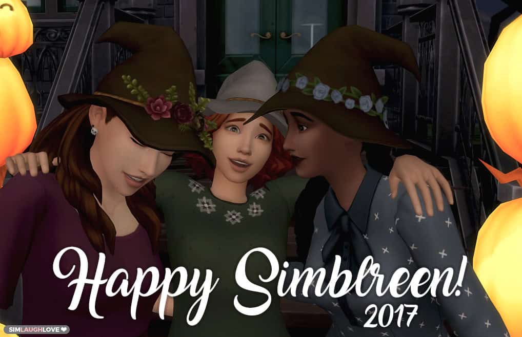 Witch hats with floral accents, group celebrating Halloween, festive scene from The Sims 4, Must Have Mods content, October 2017.