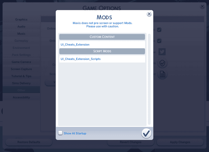 UI Cheats Extension mod interface for The Sims 4, showcasing custom content and script mods for enhanced gameplay.
