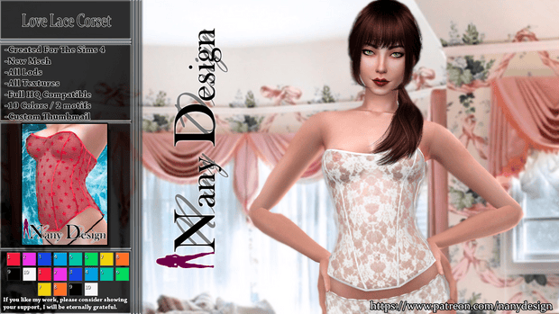 Beautiful female avatar wearing a delicate lace corset in a bright, elegant room setting for The Sims 4, showcasing custom love lace corset mod, perfect for enhancing Sim fashion and style.