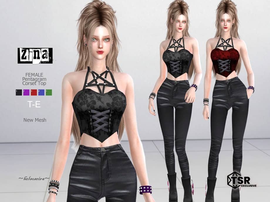 Stylish female pentagram corset top in black and red, perfect for virtual fashion and avatar customization. Features intricate lace and strap details, paired with high-waisted pants for a trendy look.
