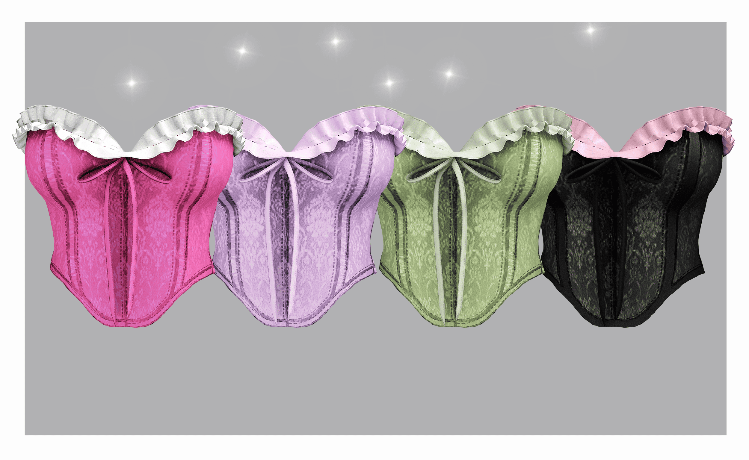 Pink, purple, green, and black lace corsets with ruffled trim and bow accents, ideal for cosplay, costumes, or lingerie. Stylish and sexy women’s fashion accessories from Must Have Mods.