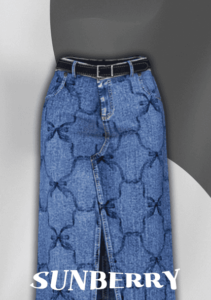 Sunberry denim skirt with bow pattern and front slit, stylish and trendy fashion for women, perfect for casual or semi-formal wear.