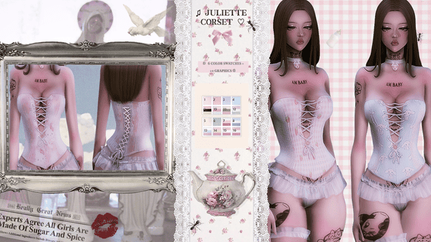 Elegant virtual doll with customizable corset outfits featuring lace-up details, pastel colors, and delicate accessories for gaming and cosplay enthusiasts.