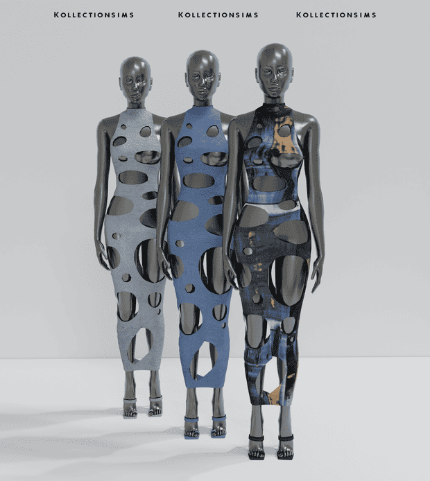 Mesh mannequins wearing futuristic, cut-out fashion designs, high fashion, modern mannequins, innovative clothing styles, fashion mannequins for designers, creative apparel displays, avant-garde clothing exhibits, display mannequins for fashion shows, Must Have Mods collections.