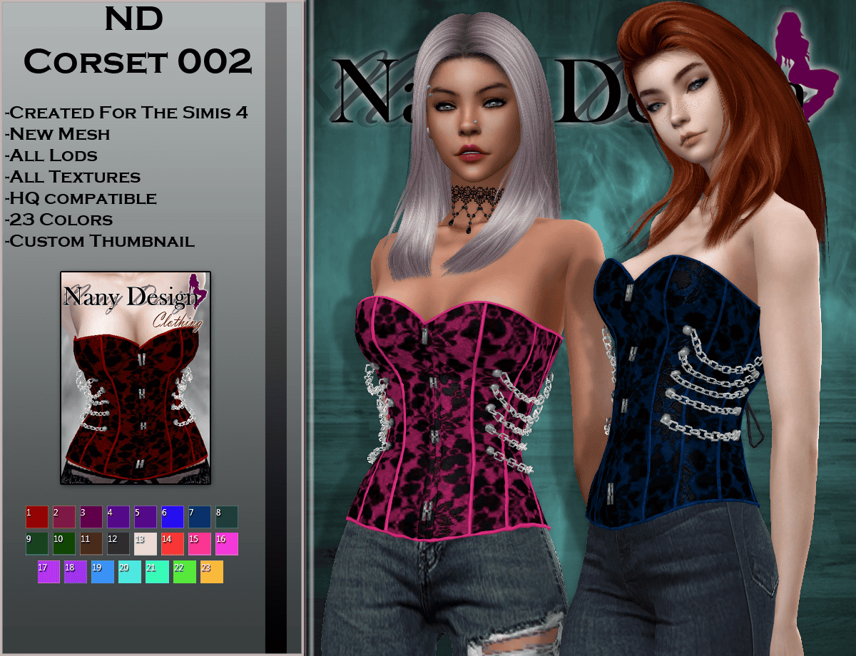 Corset for sims 4 in pink and navy with chains, high quality mesh with textures, suitable for custom mods and virtual fashion styling.