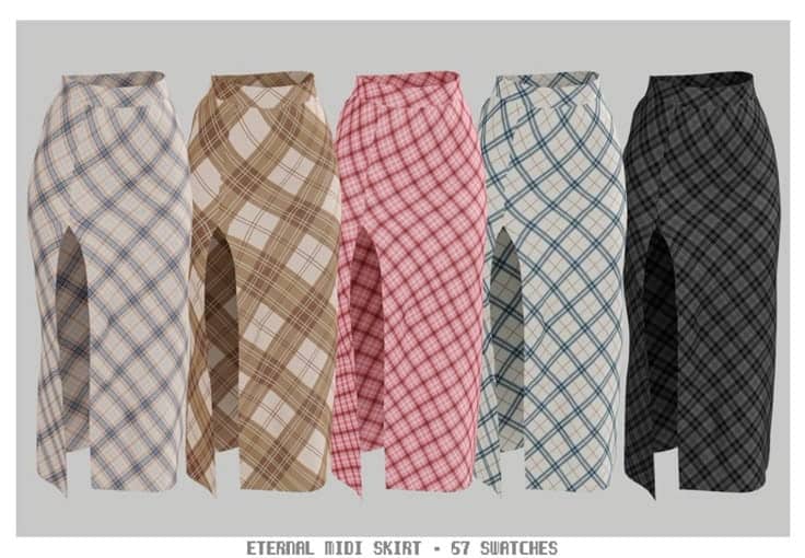 Plaid midi skirts in various colors with slit details, perfect for fashion-forward outfits and versatile styling options.