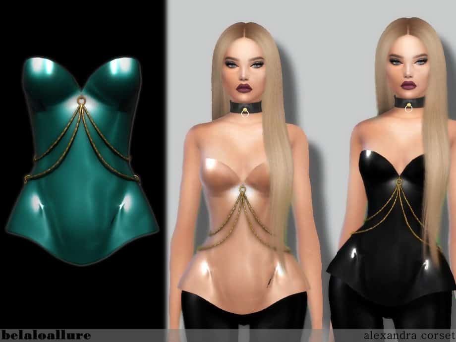 Metallic corset with chain chains, customizable outfit, virtual fashion, must have mods, digital clothing design, avatar accessories, gaming fashion, metaverse outfit, virtual avatar customization, futuristic fashion accessories.