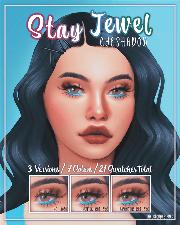 Stay Jewel eyeshadow digital art, vibrant eye makeup with blue eyeliner and lashes, promotional makeup product image for beauty enthusiasts and makeup artists.