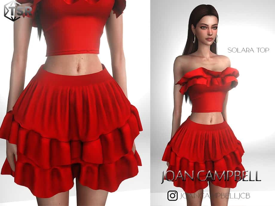 Red ruffled skirt and off-shoulder top fashion set, stylish women's fashion outfit, vibrant look for summer, must-have wardrobe essentials, trendy fashion accessories for women.