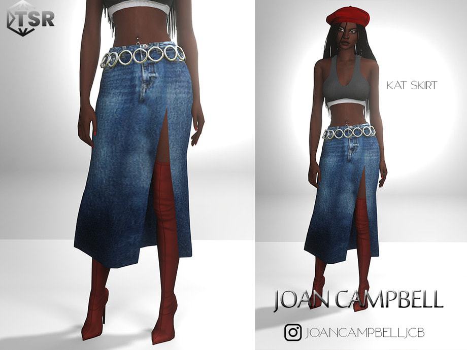 Black woman virtual model wearing a stylish blue denim skirt with a front slit, paired with red thigh-high boots and a gray crop top, showcasing must-have mods for fashion customization.
