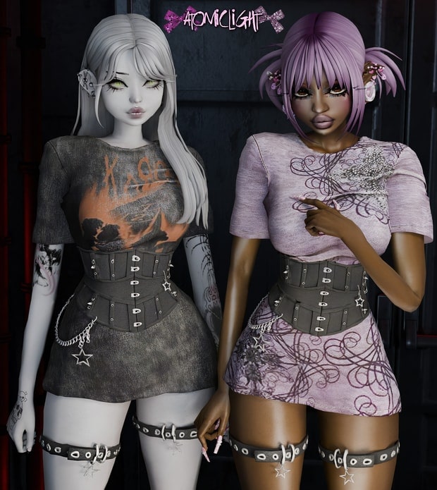 Elegant anime-inspired female avatars showcasing stylish, rebellious fashion with gothic accessories and layered outfits, perfect for gaming and virtual worlds.