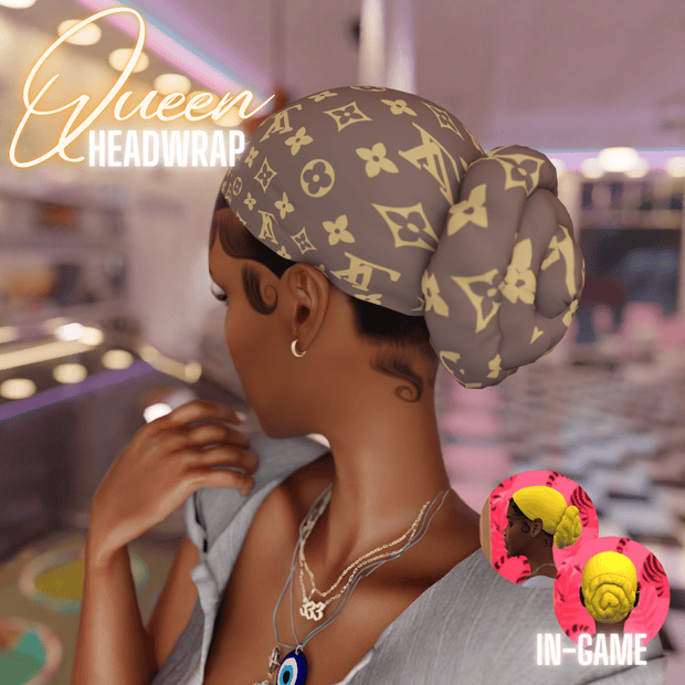 Louis Vuitton-inspired queen headwrap in stylish gray with monogram pattern for gaming and fashion accessories. Perfect for customizing your in-game avatar with trendy, luxury-themed mods.