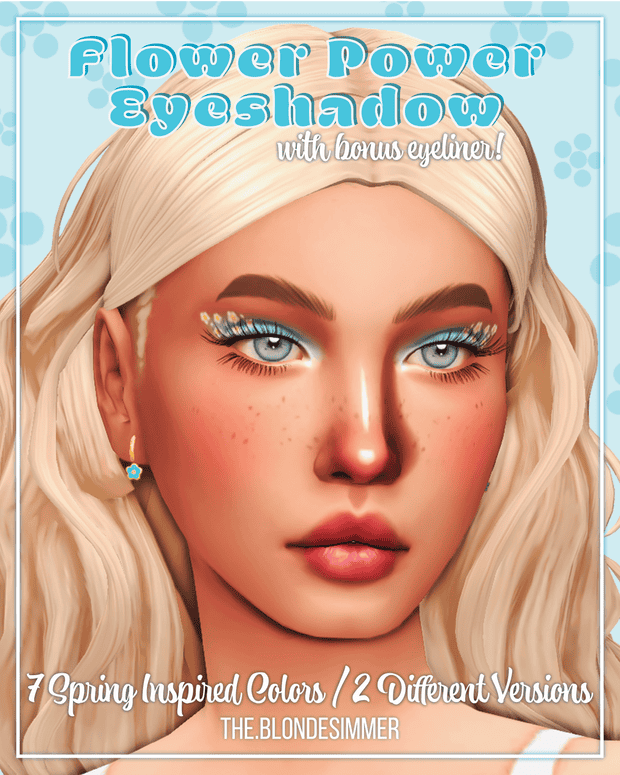 Flower power eyeshadow with bonus eyeliner, spring-inspired makeup look, blonde digital character, vibrant eye makeup, must-have makeup mod for virtual avatars.