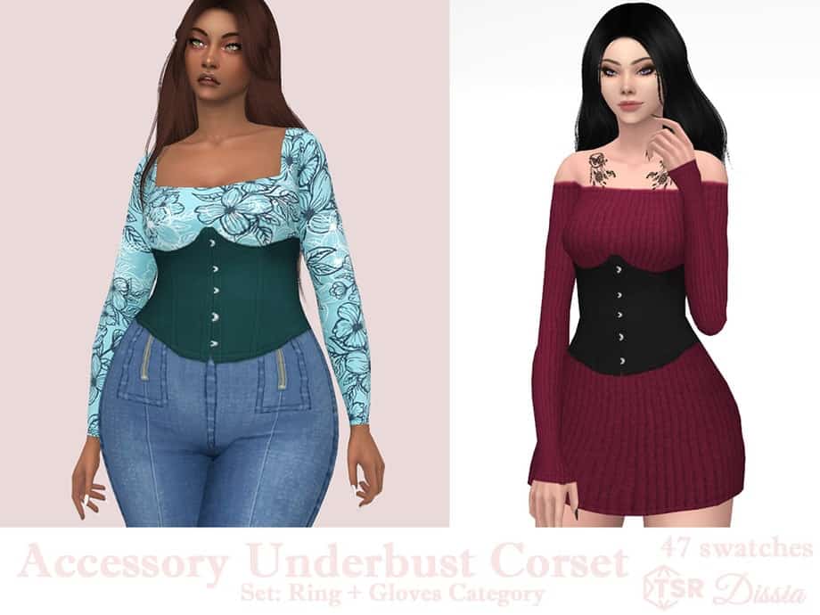 Elegant plus-size woman modeling a floral off-shoulder top with a customizable accessory underbust corset, perfect for fashion-forward looks and enhancing waistline silhouette, Must Have Mods.