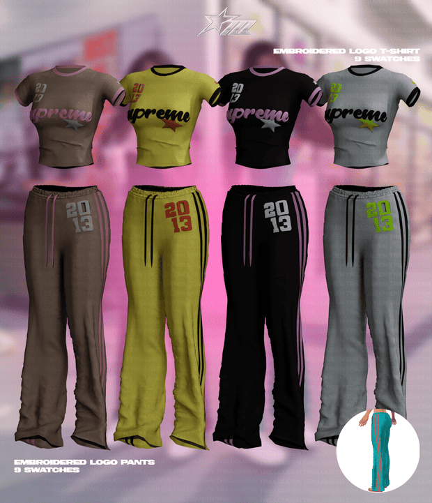 Embroidered logo T-shirt and pants sets with 9 swatches, featuring trendy streetwear designs, perfect for casual and sportswear fashion.