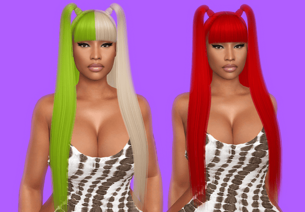 Green and red long synthetic hair wigs for gaming avatars, vibrant colorful cosplay accessories, Must Have Mods virtual fashion, bold hairstyle customization for gaming characters.