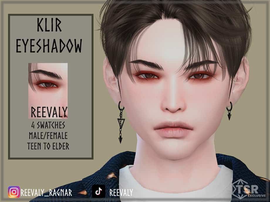 KLIR Eyeshadow Reevaly, 4 swatches for male, female, teen to elder, customizable for Sims game.