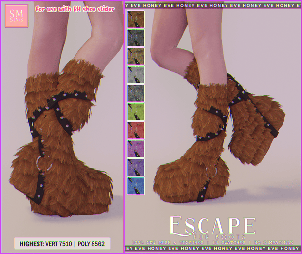 Furry, Steampunk-inspired boot accessories with studded straps and textured faux fur, designed for custom Valheim character mods.