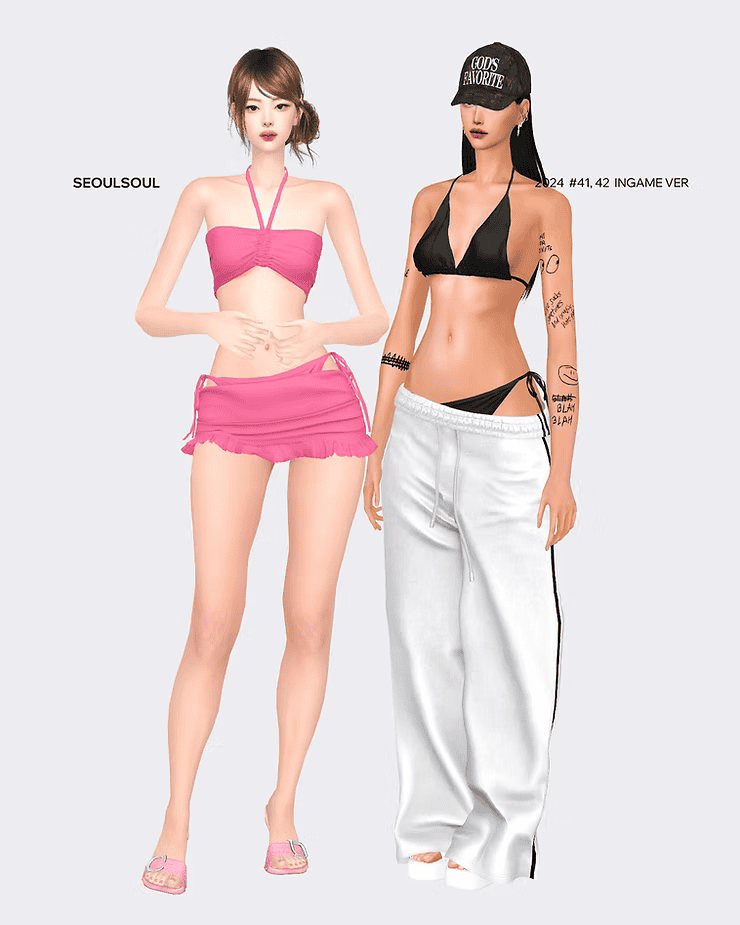 Seoul-soul-k-pop-style-cotton-candy-pink-miniskirt-top-and-pink-slippers-for-girls, modern-k-pop-fashion-trendy-clothing-for-women, fashionable-k-pop-inspired-outfits-with-bold-style-for-youth, A digital 3D rendering of two female characters dressed in vibrant, trendy outfits inspired by K-pop fashion, featuring accessories and tattoos, ideal for gaming or virtual fashion showcases.