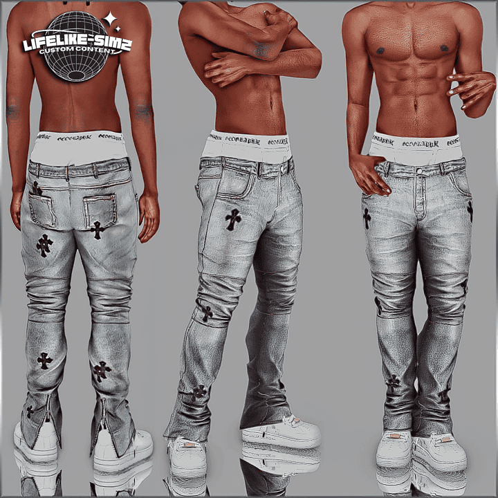 Lifelike-Sim2 custom content for realistic male character models in The Sims 4, shown wearing detailed denim jeans with black cross patches, ideal for enhancing gameplay visuals and customization.