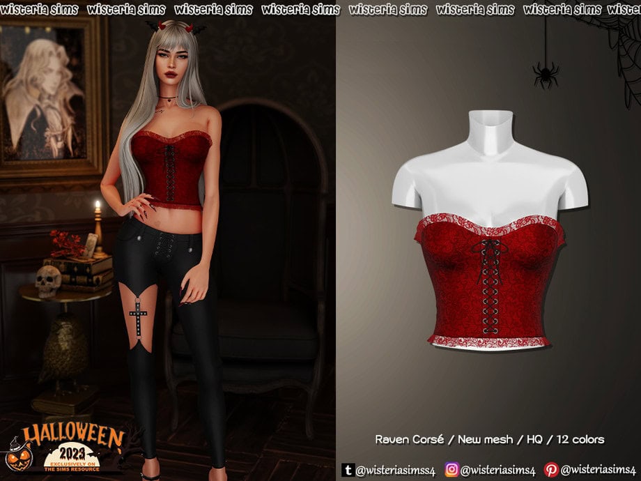Lace-up red corset top for The Sims 4, gothic Halloween fashion, high-quality mesh custom content, 12 color options, perfect for spooky outfits and Halloween costumes.