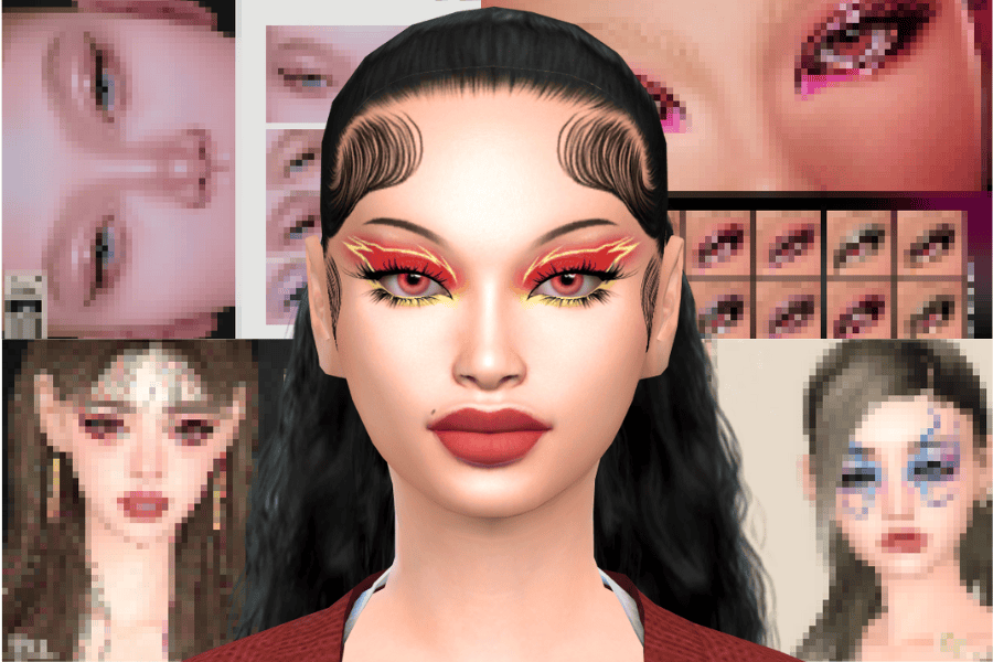 Eye makeup and virtual beauty mods for Sims 4, digital cosmetic enhancements for gaming avatars, customizable eye and lip styles, high-quality virtual beauty options, aesthetic enhancements for virtual characters.