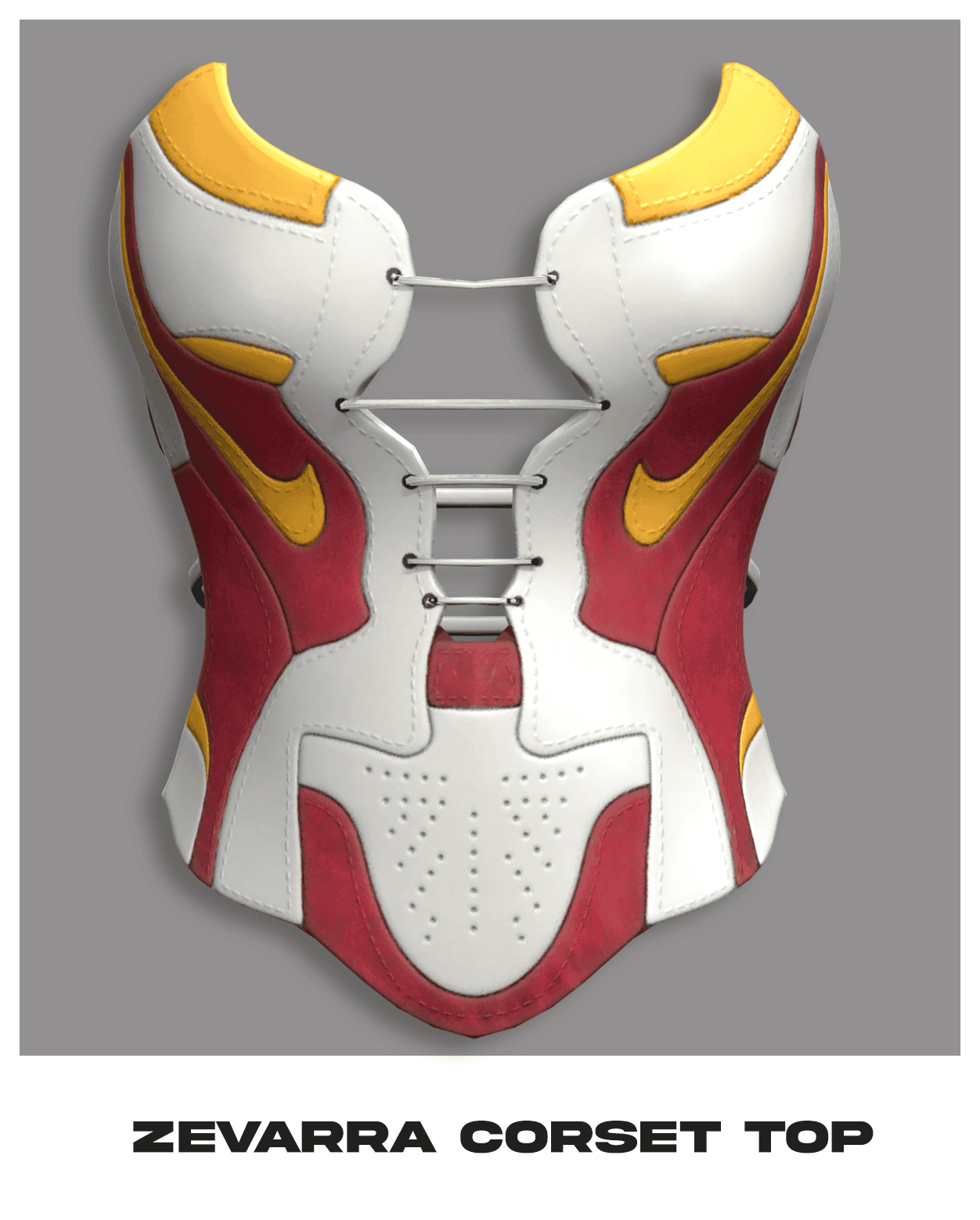 Red, white, and yellow Zevarta corset top inspired by Iron Man, featuring adjustable laces, ergonomic design, and high-quality materials for a stylish, comfortable fit perfect for cosplay or costume enthusiasts.