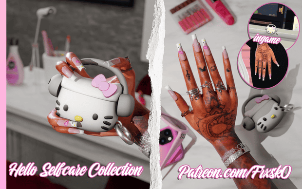 Cute Hello Kitty-themed wireless earphone case with pink accessories and nail art, perfect for kawaii lovers and self-care enthusiasts.