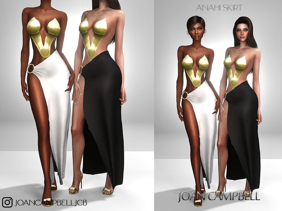 Gold bikini top with high-slit skirts for women, modern fashion, trendy summer outfits, stylish party wear, fashion models, Must Have Mods collection, digital fashion, stylish clothing, chic summer style, virtual fashion showcase.