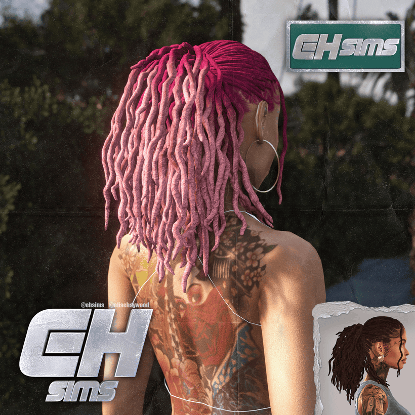 Dreadlocks hairstyle for women with pink color, trendy hair color for unique look in The Sims 4.