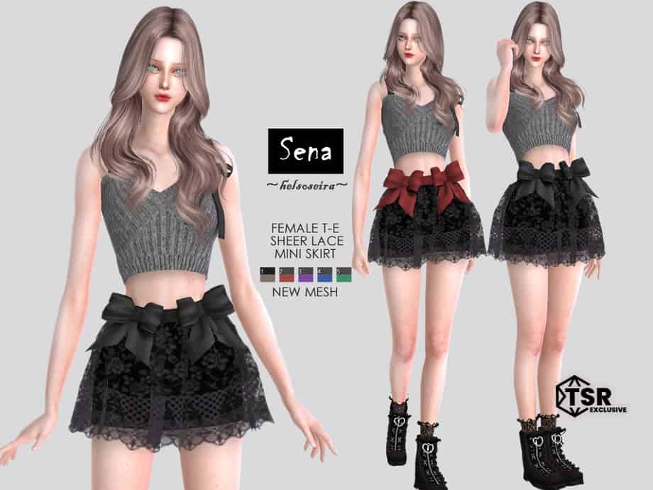 Feminine female T-E sheer lace mini skirt for virtual avatars, available in multiple colors, featuring a stylish bow design, perfect for Sims 4 and other virtual worlds, by Must Have Mods.
