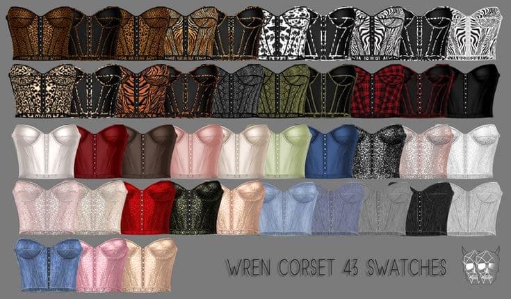 Wren Corset 43 Swatches - Variety of lace, leather, and satin corsets in multiple colors and styles for fashion, cosplay, or costume enthusiasts. Perfect for customizing your look with must-have mod accessories.