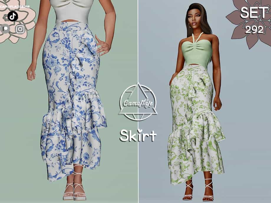 Blue and white floral patterned high-waisted skirt with ruffles, perfect for summer fashion, displayed in a 3D digital render.