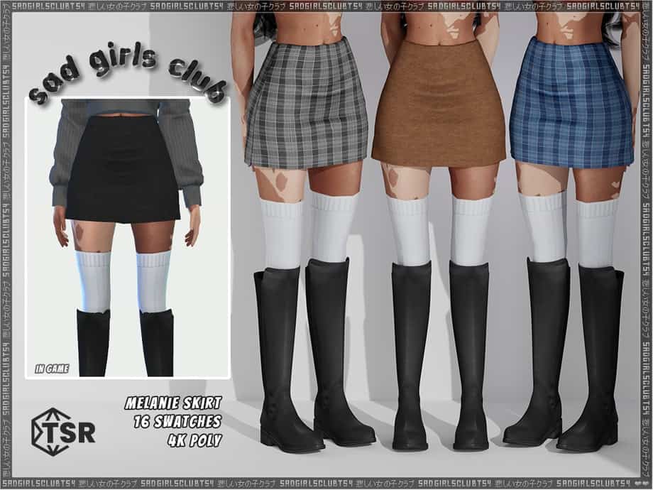 Black skirt with gray plaid, brown, and blue plaid skirts for sad girl club mod, featuring knee-high white socks and black boots. Perfect for customizing your Sad Girl Club characters with stylish, versatile outfits.