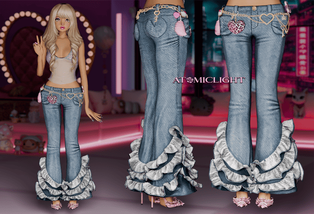 Stylish denim jeans with ruffled flares and decorative heart-shaped accessories, perfect for virtual gaming avatars and fashion mods on Must Have Mods.